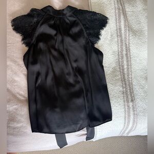 Joie Black Satin Blouse with Lace Sleeves